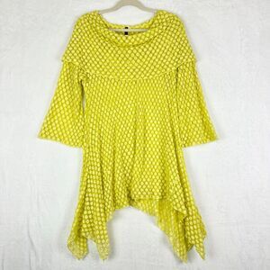 IC By Connie K Pucker Bubble Cowl Neck Tunic Top XL Yellow Sheer Asymmetrical